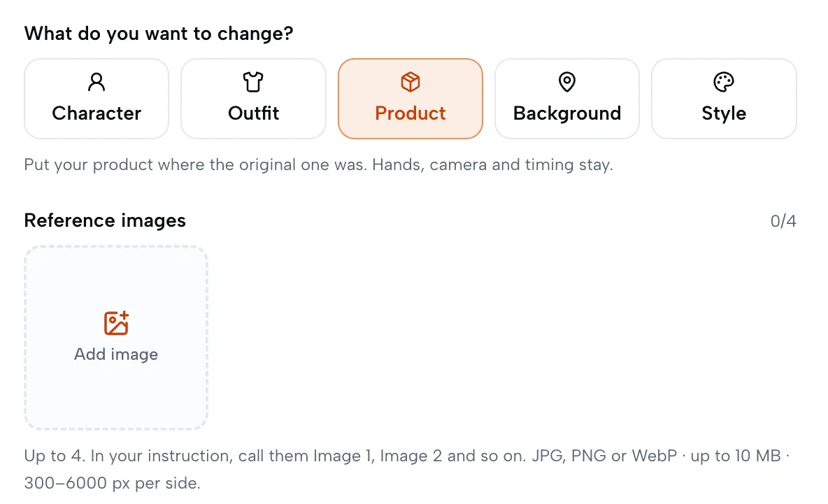 Change type buttons Character, Outfit, Product, Background and Style with Product selected, and an empty reference image slot for up to four images.
