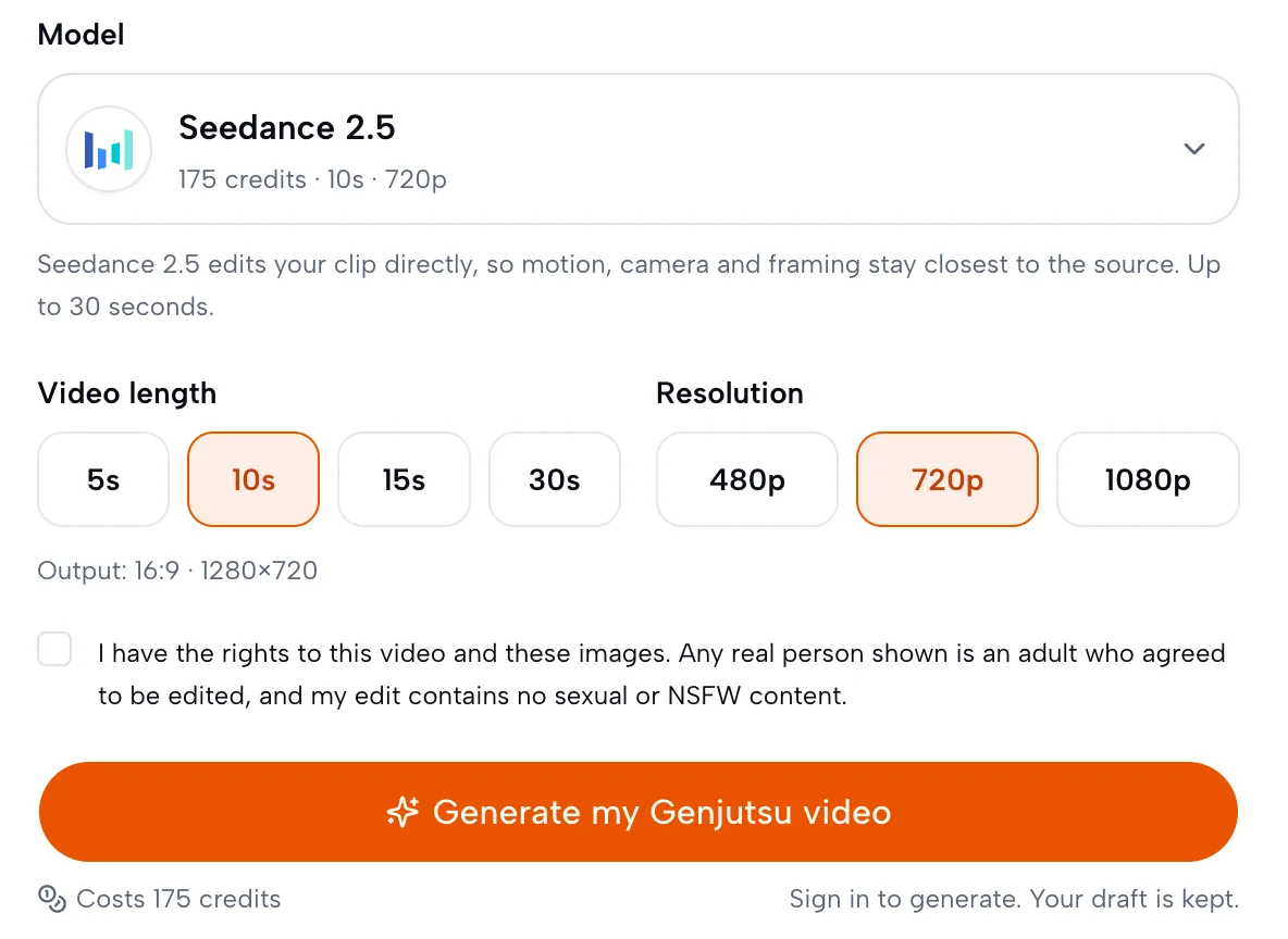 Model card for Seedance 2.5 showing 175 credits for 10 seconds at 720p, length and resolution buttons, the rights checkbox and the Generate my Genjutsu video button.