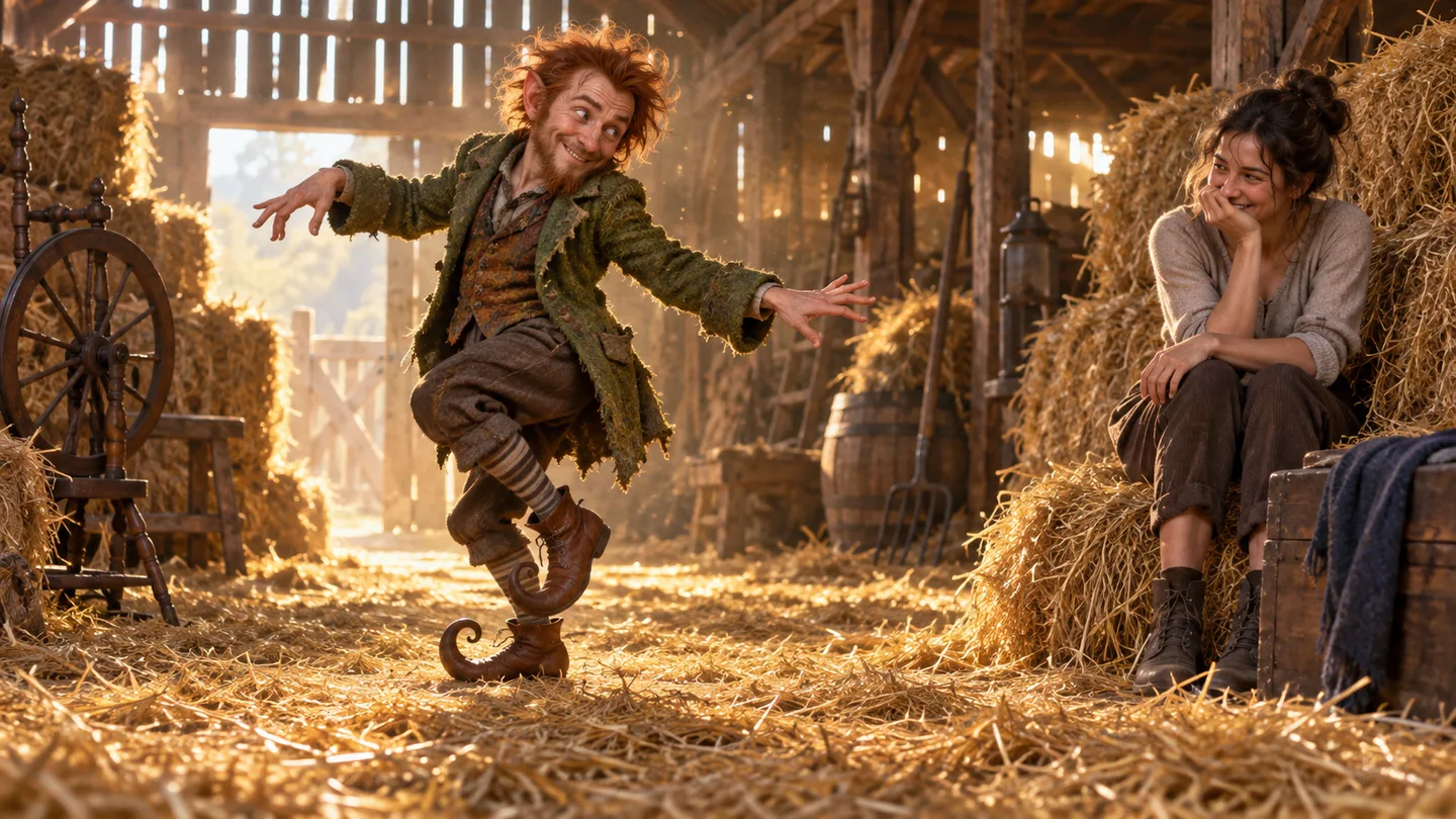 Rumpelstiltskin AI video concept: a red-haired fairy-tale imp tiptoes through a golden barn beside an amused companion
